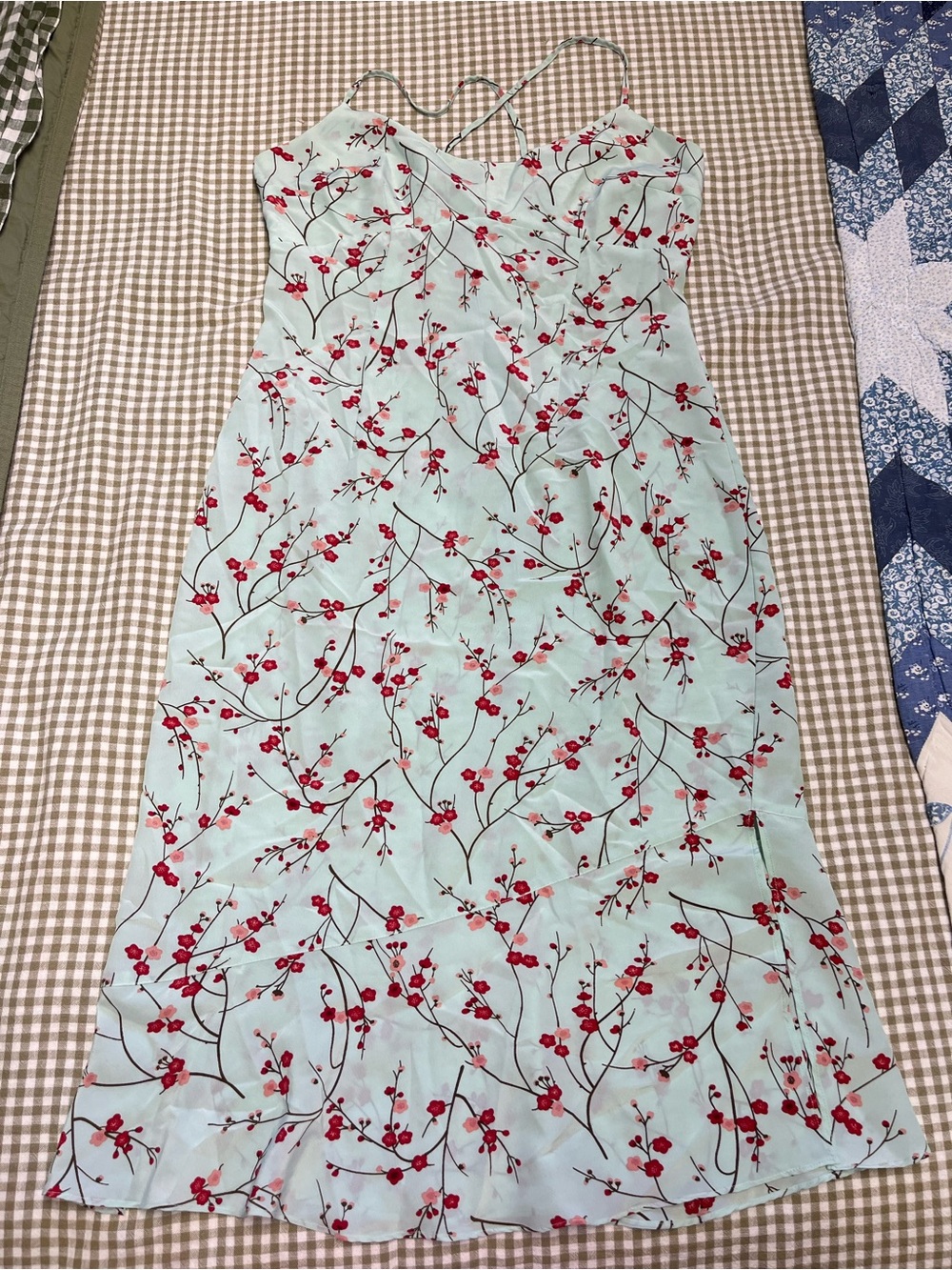 Vintage Express Y2K Mint Green Cherry Blossom Floral Crossover Midi Dress 7/8